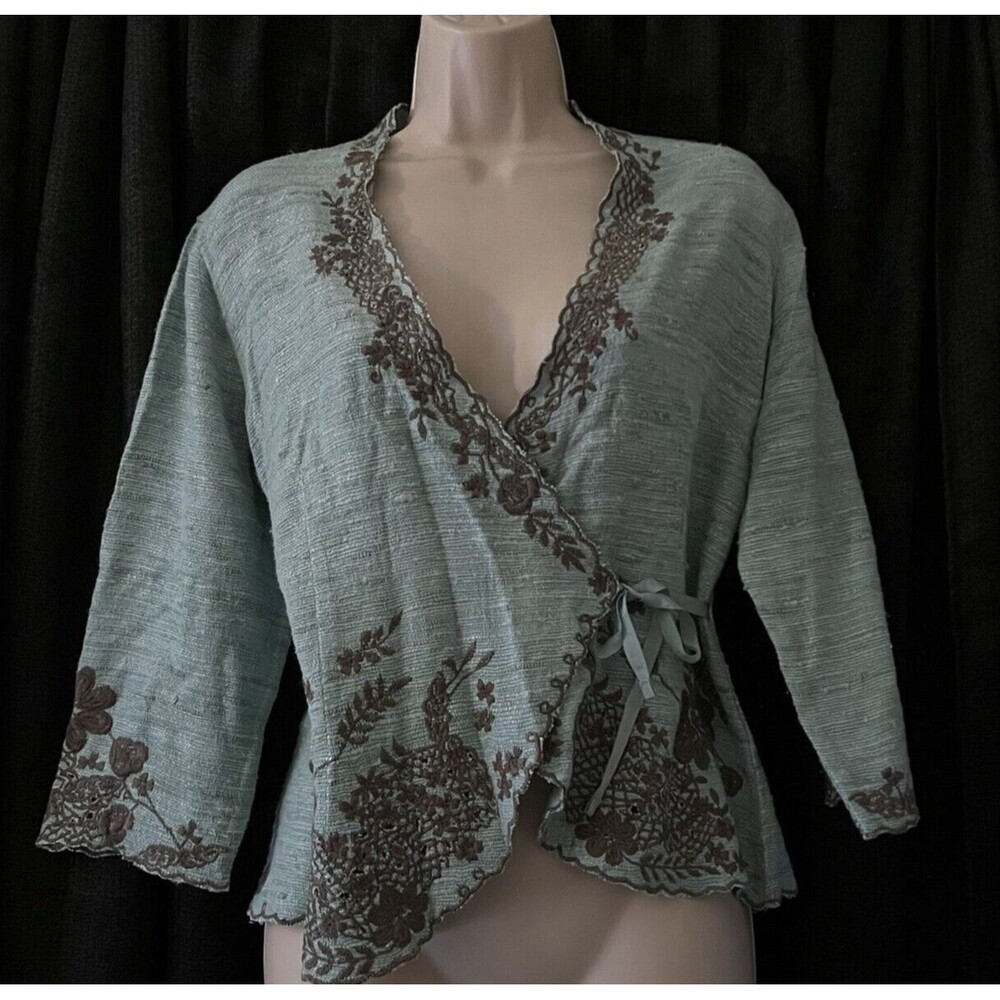 Two Star Dog TSD Green Brown Floral Embroidered 3/4 Sleeve 100% Silk Jacket S - Picture 1 of 8